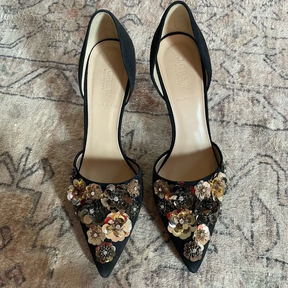 J. Crew Collection SZ 10 Elsie Floral Sequin D'Orsay Pumps Black Suede Heels EUC - Picture 3 of 10